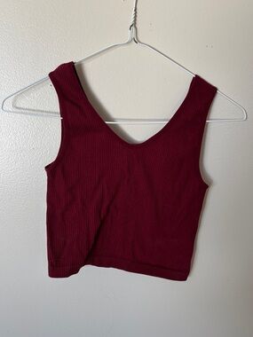 Ribbed V-Neck Crop Tank Top - burgundy and hot pink